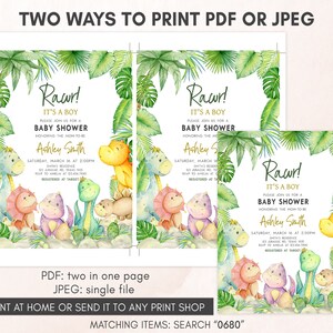 Editable Sign Dinosaur Baby Shower Invitation, Greenery Dino Baby Shower Invite, Dinosaur It's A Boy Baby Shower Invitation Template, 0680 image 3