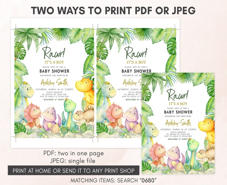 Editable Sign Dinosaur Baby Shower Invitation, Greenery Dino Baby Shower Invite, Dinosaur It's A Boy Baby Shower Invitation Template, 0680 image 3