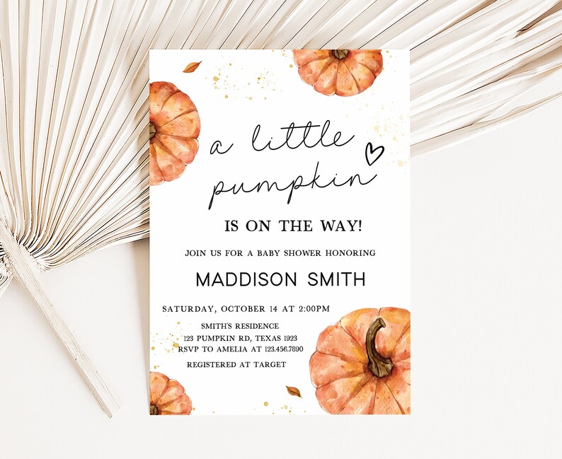 Orange Pumpkin Fall Minimalist Autumn Baby Shower Invitation