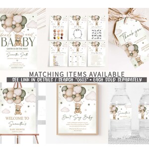 Puede incluir: Un conjunto de decoraciones imprimibles para una fiesta de baby shower con un lindo oso sosteniendo globos. Las decoraciones incluyen un letrero de bienvenida, un letrero de 'no digas beb&eacute;', etiquetas para botellas de agua y una etiqueta de agradecimiento. El tema es 'casi esperar' y los colores son verde, marr&oacute;n y blanco.