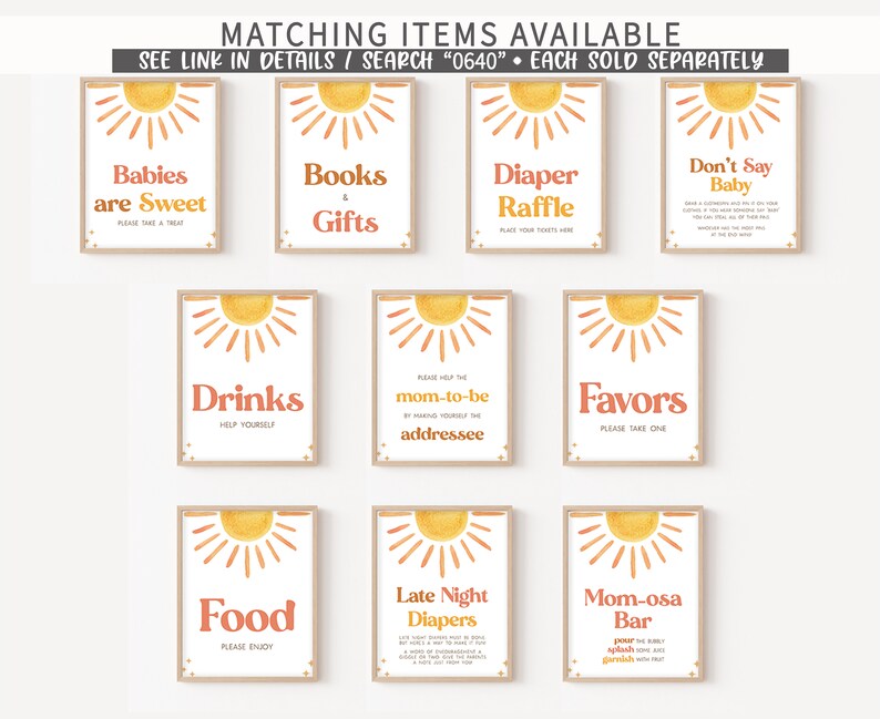 May include: Ten printable signs with a sunburst design and text in a retro font. The signs include: "Babies are Sweet", "Books & Gifts", "Diaper Raffle", "Don't Say Baby", "Drinks", "Mom-to-be", "Favors", "Food", "Late Night Diapers", and "Mom-osa Bar".
