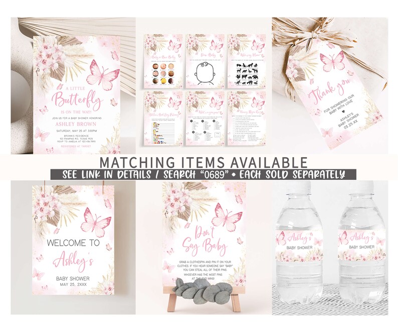 Editable Pink Butterfly Baby Shower Favor Tag, Boho Floral Baby Shower Gift Tag, Girl Pampas Grass Butterfly Baby Shower Thank You Tag, 0689 image 2