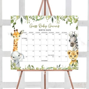 Bearbeitbar Ein kleiner Wilder Fälligkeitskalender für die Babyparty, Safari-Tiere-Babypartykalender, Grün-Safari-Geburtstagsvorhersagen, 0500