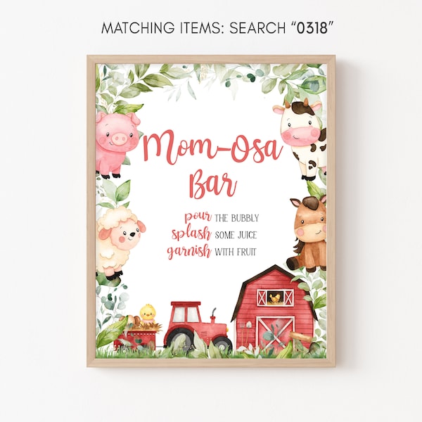 Mom Osa Bar Sign Farm Baby Shower, Red Barnyard Baby Shower Momosa Signs, Farm Animals Gender Neutral Mimosa Decor Printable Template 0318