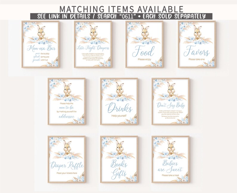May include: Nine printable signs for a baby shower with a blue and brown color scheme. The signs feature a cute bunny rabbit illustration and text that says "Mom-osa Bar", "Late Night Diapers", "Food", "Favors", "Drinks", "Don't Say Baby", "Diaper Raffle", "Books & Gifts", and "Babies are Sweet".