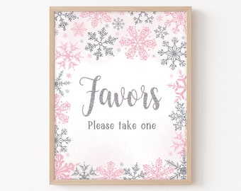 Snowflake Baby Shower Favors Sign, Winter Baby Shower Sign, A Little Snowflake Favors Sign, Pink Snowflake Baby Printable Template 0154