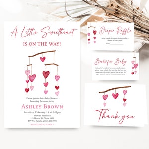 Editable Valentine Baby Shower Invitation Bundle, Pink Red Heart Baby Shower Invite Set, Girl A Little Sweetheart Baby Shower Invite, 0595 image 1