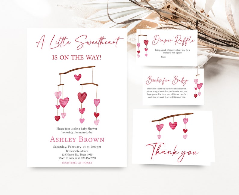 Editable Valentine Baby Shower Invitation Bundle, Pink Red Heart Baby Shower Invite Set, Girl A Little Sweetheart Baby Shower Invite, 0595 image 1