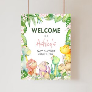 Bearbeitbares Baby-Dinosaurier-Babyparty-Willkommensschild, Blumen-Dino-Babyparty-Willkommensplakat, Greenery-Dinosaurier-Mädchen-Babyparty-Zeichen, 0688 Bild 1