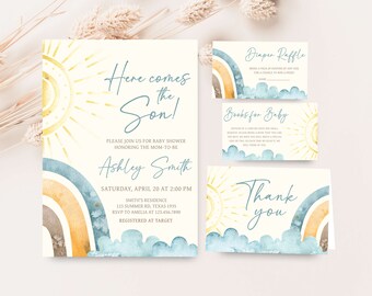 May include: A baby shower invitation with a watercolor rainbow and sun design. The invitation says "Here comes the Son!" and includes details for the event, including the date, time, location, and RSVP information. The invitation also includes a thank you card and two cards for a diaper raffle and books for baby.