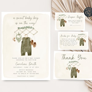 Conjunto de invitación de baby shower boho editable, paquete de invitación de baby shower de ropa de bebé, plantilla imprimible de invitación de ropa boho minimalista 0341