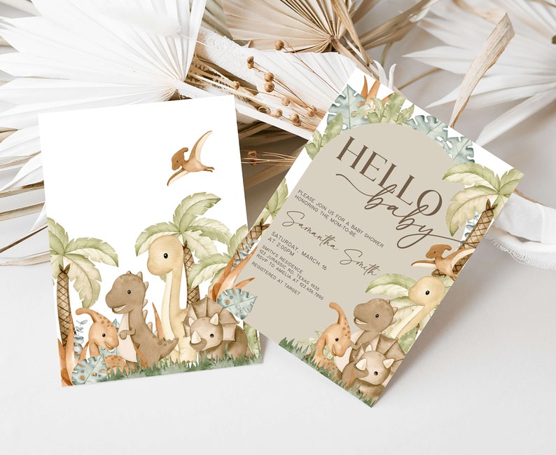 Editable Dinosaur Baby Shower Invitation Bundle, Baby Dinosaur Boho Baby Shower Invite Pack, Gender Neutral Dino Baby Shower Invitation 0666 image 2