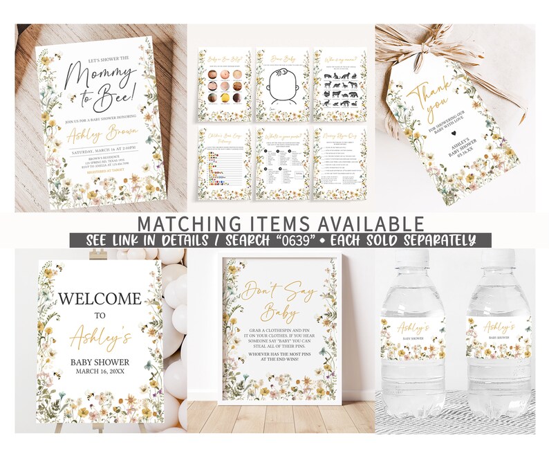 May include: A set of printable baby shower decorations with a floral theme. The set includes a welcome sign, a don't say baby game, a thank you tag, and water bottle labels. The decorations feature a floral pattern with bees and butterflies in shades of yellow, pink, and green.
