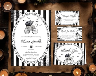 Editable Gothic Halloween Carriage Baby Shower Invitation Bundle, Spooky Bat Stroller Baby Shower Invite, Halloween Baby Shower Invite 01162
