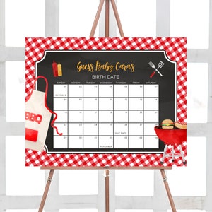 Bearbeitbarer roter Grill-Babyparty-Fälligkeitsdatum-Kalender, Gingham-Baby-Q-Babyparty-Kalender, Hinterhof-Brötchen im Ofen-Grill-Babyparty-Spiel, 0838