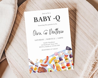 Bewerkbare Baby-Q babyshower uitnodiging, blauwe pastel achtertuin BBQ babyshower uitnodiging, genderneutrale paren picknick babyshower uitnodiging 01052