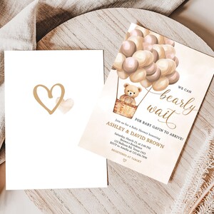 Editable Brown Bear Baby Shower Invitation, Hot Air Balloon Gender Neutral Baby Shower Invite, We Can Bearly Wait Baby Shower Invite, 0698 image 2