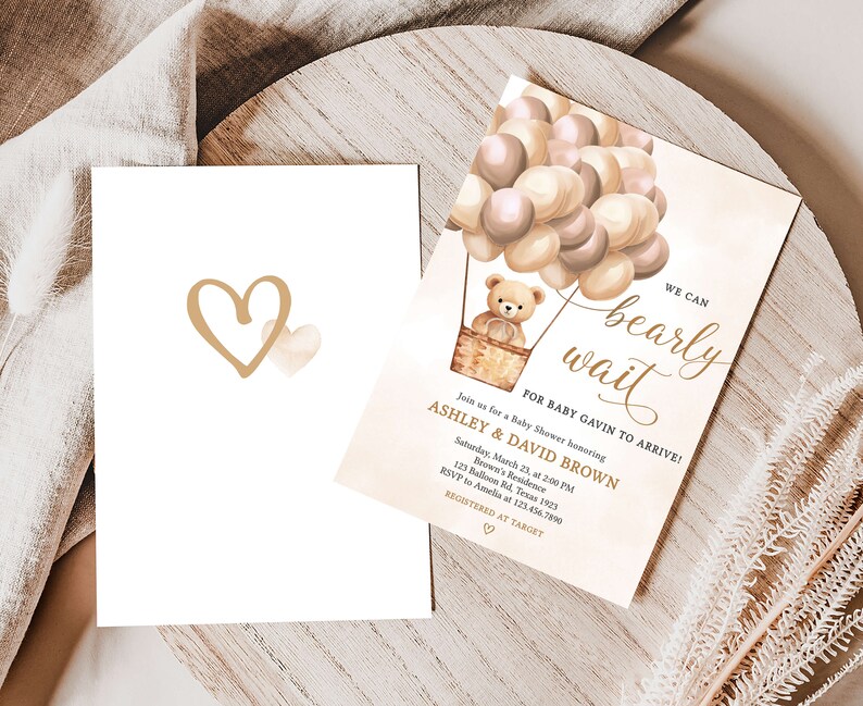 Editable Brown Bear Baby Shower Invitation, Hot Air Balloon Gender Neutral Baby Shower Invite, We Can Bearly Wait Baby Shower Invite, 0698 image 2