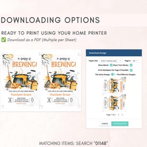 The image is a screenshot of a printable design for a baby shower invitation, which includes a printable design and a page-by-page view of the printed design.