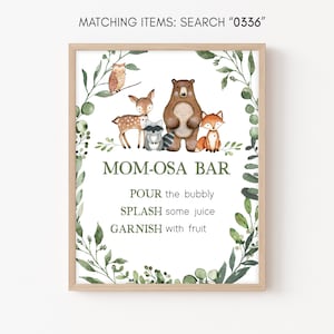 Mamá Osa Bar Signo Woodland Baby Shower, Animales del Bosque Baby Shower Momosa Signo, Bosque Verde Animales Salvajes Mimosa Plantilla Imprimible 0336
