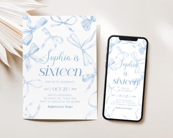 Editable Blue Bow Birthday Invitation, Girl Sweet 16th Birthday Invite, Minimalist Coquette Birthday Invite, Blue Elegant Ribbon Party 111BD