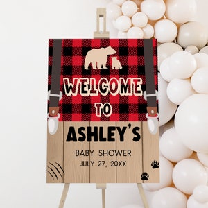 Editable Lumberjack Baby Shower Welcome Sign, Buffalo Plaid Boy Baby Shower Welcome Poster, Woodland Baby Shower, Wilderness Bear Sign, 0852