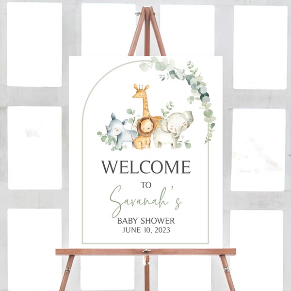 Editable Jungle Baby Shower Welcome Sign, Safari Baby Shower Welcome Poster, Gender Neutral Greenery Jungle Animals Printable Template 0282