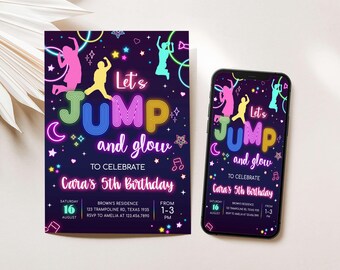 Invitación de cumpleaños editable con salto luminoso, invitación de cumpleaños en trampolín, invitación para fiesta de saltos para niñas, castillo inflable, invitación a fiesta con brillo neón, 93BD