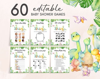Editable Dinosaur Baby Shower Games Bundle, Dino Baby Shower Game Pack, Gender Neutral Dinosaurs Baby Shower, Greenery Dinosaur Games, 0667