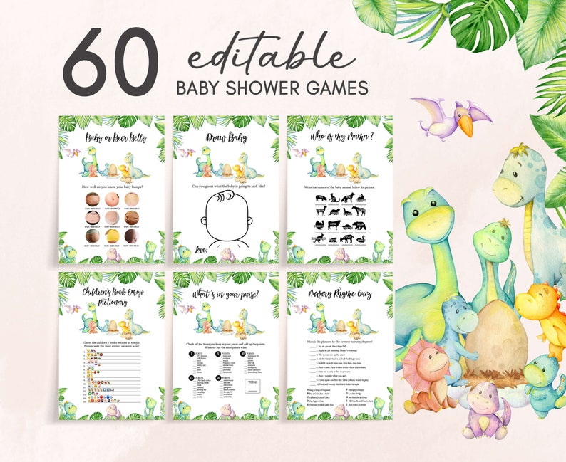 Paquete de juegos de baby shower de dinosaurios editables, paquete de juegos de baby shower de Dino, baby shower de dinosaurios de género neutro, juegos de dinosaurios verdes, 0667 imagen 1