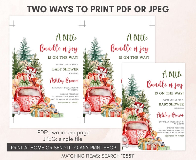 Editable A Little Bundle of Joy Baby Shower Invitation, Christmas Baby Shower Invite, Santa Baby Christmas Truck Baby Shower Invite, 0551 image 3