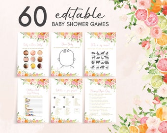Editable Citrus Baby Brunch Baby Shower Games Bundle, Pink Floral Orange Citrus Baby Shower Game Pack, Girl Lemon Baby Shower Games, 0721