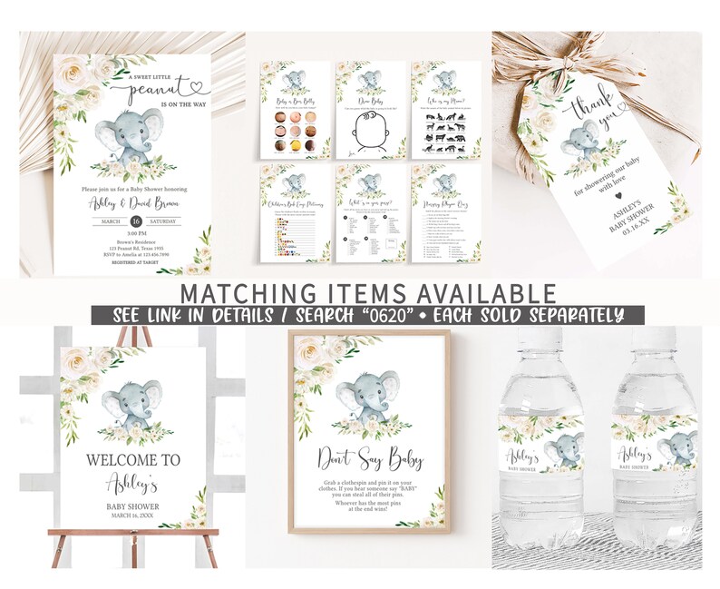Editable Gender Neutral Elephant Baby Shower Invitation, Floral Elephant Baby Shower Invite, Elephant Greenery Baby Shower Invitation, 0620 image 4