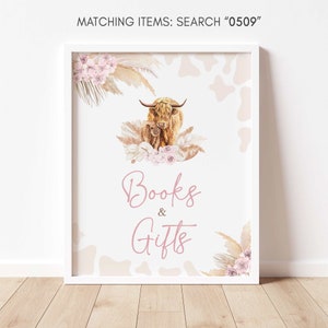 Boho hooglandkoe babyshower boeken en geschenken bord, roze heilige koe babyshower cadeaus teken, meisje hooglandkoe boho babyshower tafelbord 0509