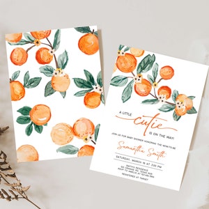 Editable A Little Cutie Baby Shower Invitation, Greenery Orange Baby Shower Invite, Neutral Cutie on the Way Baby Shower Invitation, 0660 image 2