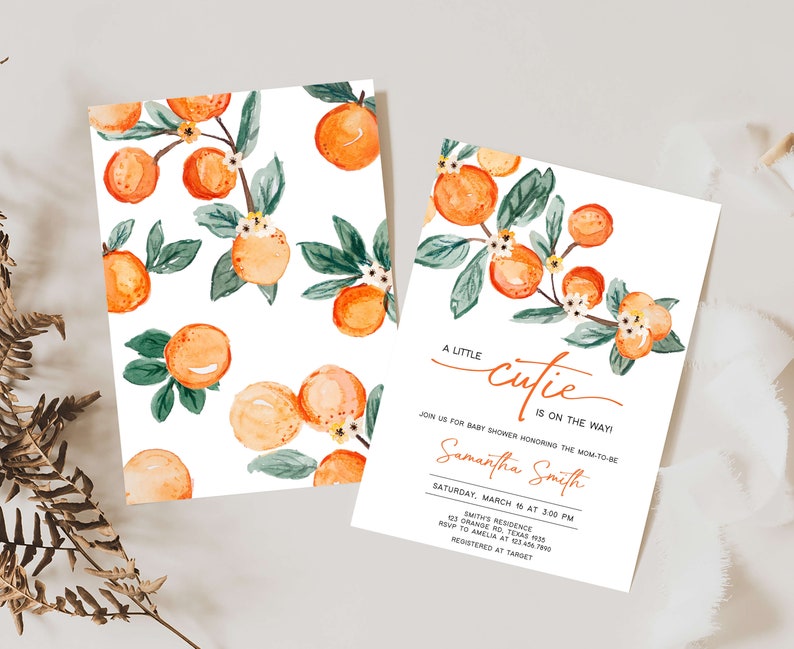 Editable A Little Cutie Baby Shower Invitation, Greenery Orange Baby Shower Invite, Neutral Cutie on the Way Baby Shower Invitation, 0660 image 2