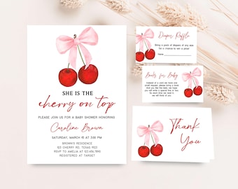 Editable Cherry Baby Shower Invitation Bundle, Cherry on Top Coquette Baby Shower Invite Set, Minimalist Pink Bow Baby Shower Invite, 01033