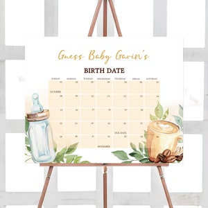 Bearbeitbarer Kaffee-Babyparty-Fälligkeitsdatumskalender, Ein Baby braut Babypartykalender, geschlechtsneutrales Greenery-Kaffee-Babypartyspiel, 0813