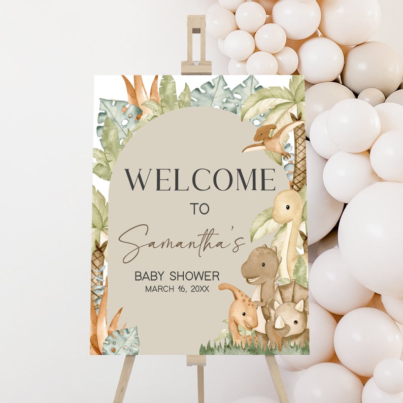 Editable Dinosaur Baby Shower Welcome Sign, Baby Dinosaur Boho Baby Shower Welcome Poster, Gender Neutral Dino Baby Shower Welcome Sign 0666 image 1