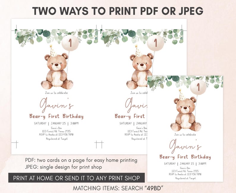 Bear First Birthday Invitation Template