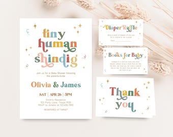 May include: A baby shower invitation suite with a whimsical design. The invitation features the text "tiny human shindig" in colorful letters, along with details for the event. Coordinating cards include a diaper raffle, books for baby, and thank you notes.