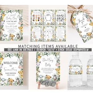 Może przedstawiać: Zestaw do druku dekoracji na baby shower w stylu dżungli z zwierzętami, takimi jak żyrafa, lew, zebra i małpa. Dekoracje obejmują tabliczkę powitalną, tabliczkę &bdquo;nie m&oacute;w baby&rdquo;, etykietę z podziękowaniem i etykiety na butelki z wodą. Tekst na tabliczce powitalnej brzmi &bdquo;Witamy na baby shower Samanthy 20 kwietnia 20XX&rdquo;.