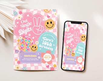 Hello Double Digits Birthday Invitation Template Groovy 10th Birthday Invite Out Single Digits Girl Teen Invite Varsity Patch Letter DD2