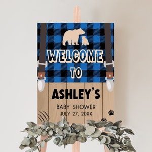 Editable Blue Lumberjack Baby Shower Welcome Sign, Rustic Bear Woodland Baby Shower Welcome Poster, Buffalo Plaid Boy Baby Shower Sign, 0855