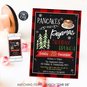 May include: A holiday brunch invitation with the text "Pancakes and Pajamas Holiday Brunch" on a black background with a red and black plaid border. The invitation includes the date, time, and location.