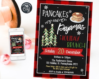 May include: A holiday brunch invitation with the text "Pancakes and Pajamas Holiday Brunch" on a black background with a red and black plaid border. The invitation includes the date, time, and location.