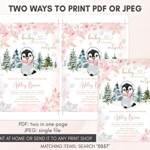 Editable Winter Penguin Baby Shower Invitation Bundle, Girl Penguin Baby Shower Invite Set, Pink Baby It's Cold Outside Baby Shower, 0557 image 4