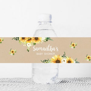 Etiquette modifiable de biberon tournesol fille, étiquette d'eau de douche de bébé rustique bohème, stickers bouteille d'eau floral jaune tournesol, 0379