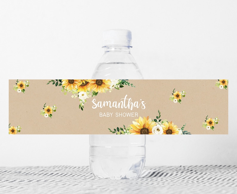 Bearbeitbares Sonnenblumen-Mädchen-Babyparty-Flaschenetikett, rustikales Boho-Babyparty-Wasseretikett, Sonnenblumen-gelbe Blumenwasserflaschen-Aufkleber, 0379 Bild 1