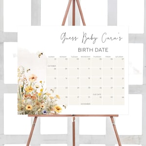 Bearbeitbarer Bienen-Babyparty-Fälligkeitsdatumskalender, Wildblumen-Biene-Babypartykalender, Mama zur Biene-Babyankunft, Blumenhonigbienenkalender, 01022